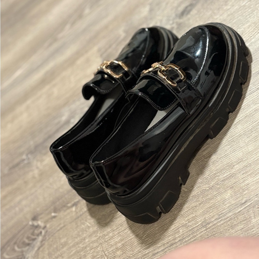 Black Patent Leather Loafers with Gold Buckles
